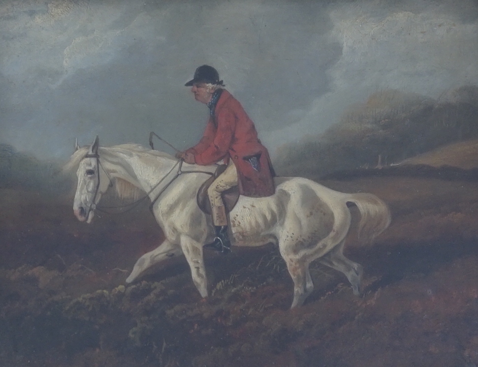 Byron Webb (1831-1867) two oils on board, Huntsmen on horseback, one signed, the other inscribed verso, largest 28 x 22cm, ornate gilt frames